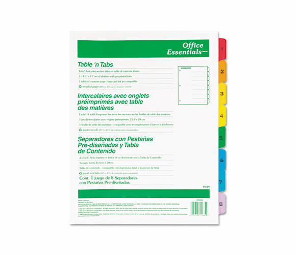 AVE11669 Office Essentials Table 'N Tabs Dividers, Eight Multicolor Tabs, 1-8, Letter By AVERY-DENNISON