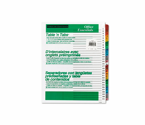 AVE11681 Office Essentials Table 'N Tabs Dividers, 31 Multicolor Tabs, 1-31, Letter, Set By AVERY-DENNISON