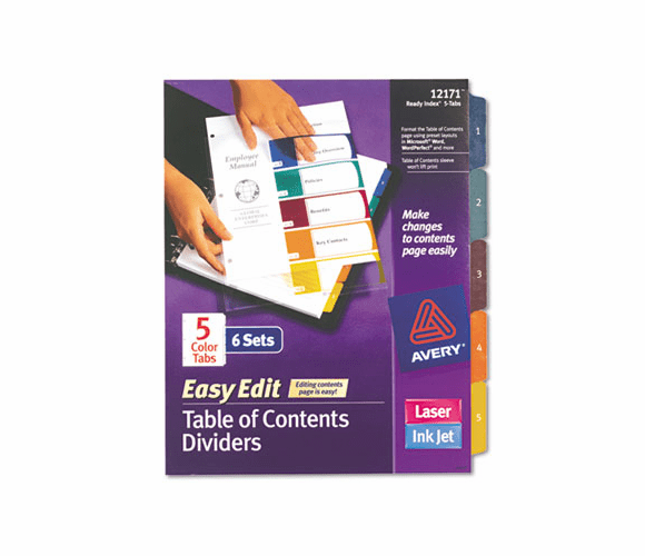 AVE12171 Ready Index Easy Edit Contents Dividers, Title 1-5, Letter, Multicolor, 6 Sets By AVERY-DENNISON