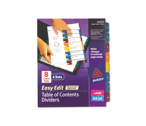AVE12172 Ready Index Easy Edit Contents Dividers, Title 1-8, Letter, Multicolor, 6 Sets By AVERY-DENNISON