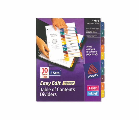 AVE12173 Ready Index Easy Edit Contents Dividers, Title 1-10, Letter, Multicolor, 6 Sets By AVERY-DENNISON