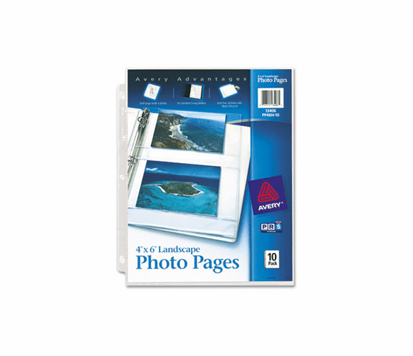 AVE13406 Photo Pages for Four 4 x 6 Horizontal Photos, 3-Hole Punched, 10/Pack By AVERY-DENNISON