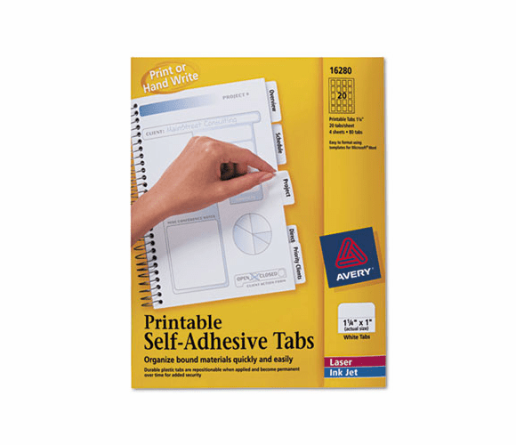 AVE16280 Printable Repositionable Plastic Tabs, 1 1/4 Inch, White, 96/Pack By AVERY-DENNISON