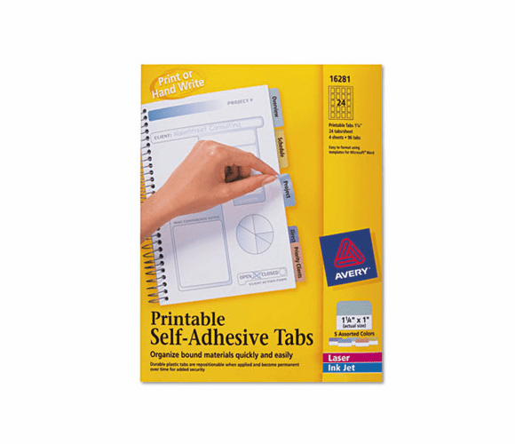 AVE16281 Printable Repositionable Plastic Tabs, 1 1/4 Inch, Assorted, 96/Pack By AVERY-DENNISON
