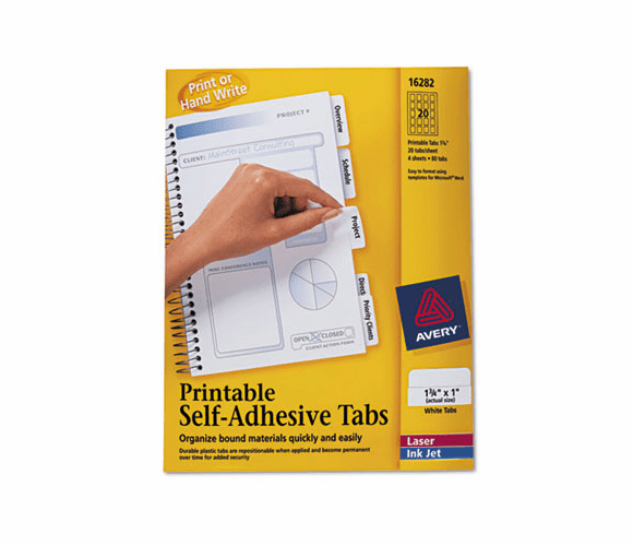 AVE16282 Printable Repositionable Plastic Tabs, 1 3/4 Inch, White, 80/Pack By AVERY-DENNISON