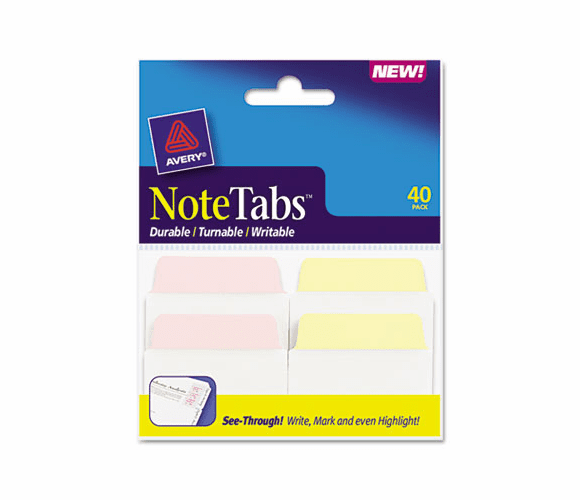 AVE16292 NoteTabs-Notes, Tabs and Flags, Pastel Yellow, Pink/Clear, Two Inch, 40/Pack By AVERY-DENNISON