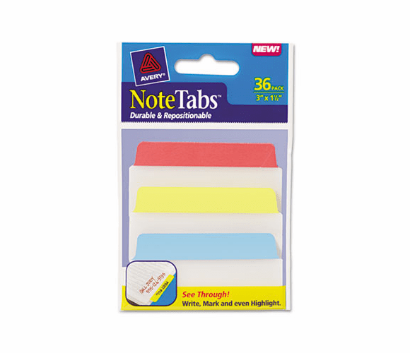 AVE16376 NoteTabs-Notes, Tabs and Flags in One, Blue/Green/Red/Yellow, Three Inch, 36/PK By AVERY-DENNISON