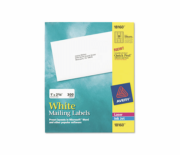 AVE18160 Inkjet Address Labels, 1 x 2-5/8, White, 300/Pack By AVERY-DENNISON