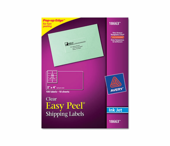 AVE18663 Easy Peel Mailing Labels for Inkjet Printers, 2 x 4, Clear, 100/Pack By AVERY-DENNISON