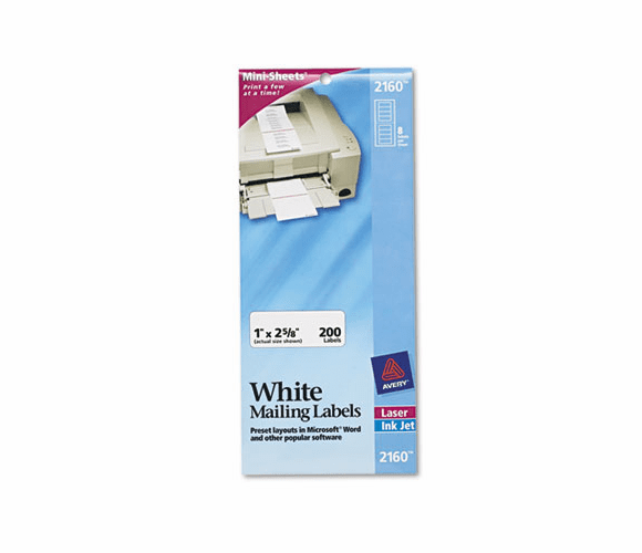 AVE2160 Laser/Inkjet Mailing Labels, Mini-Sheet, 1 x 2-5/8, White, 200/Pack By AVERY-DENNISON