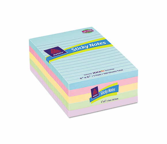 AVE22556 Flat Sticky Notes, 4 x 6, Pastel Lined, 100 Sheets per Pad, 5 Pads per Pack By AVERY-DENNISON