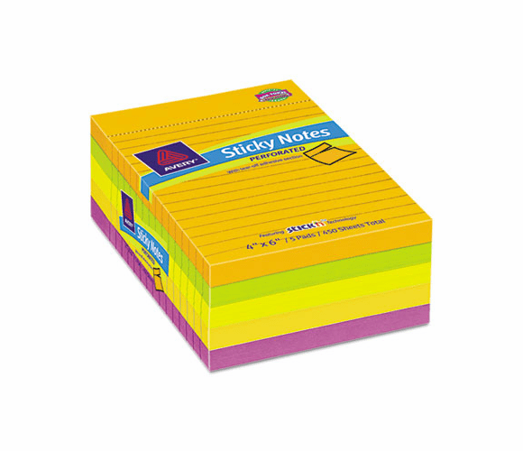 AVE22607 Perforated Sticky Notes, 4 x 6, 90 Sheets, Citrus, 5/Pack By AVERY-DENNISON