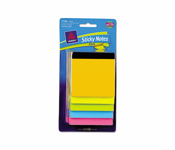 AVE22611 Step Notes, Assorted, 150 Sheets, Bright, 3 Pads/Pack By AVERY-DENNISON