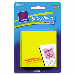 AVE22615 See-Through Sticky Notes, 3 x 3, 50 Sheets, Yellow, 5/Pack By AVERY-DENNISON