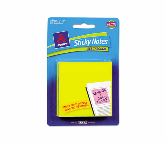 AVE22615 See-Through Sticky Notes, 3 x 3, 50 Sheets, Yellow, 5/Pack By AVERY-DENNISON