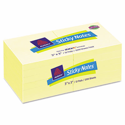 AVE22633 Flat Sticky Notes, 3 x 3, Pastel Yellow, 100 Sheets per Pad, 12 Pads per Pack By AVERY-DENNISON