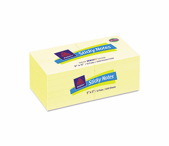 AVE22633 Flat Sticky Notes, 3 x 3, Pastel Yellow, 100 Sheets per Pad, 12 Pads per Pack By AVERY-DENNISON