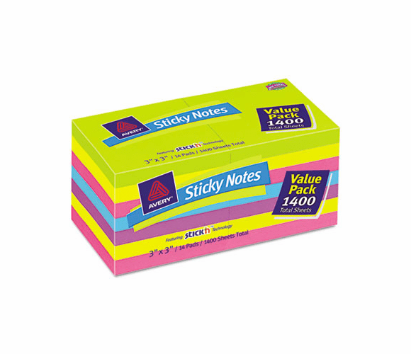 AVE22637 Flat Sticky Notes, 3 x 3, Bold, 100 Sheets per Pad, 14 Pads per Pack By AVERY-DENNISON