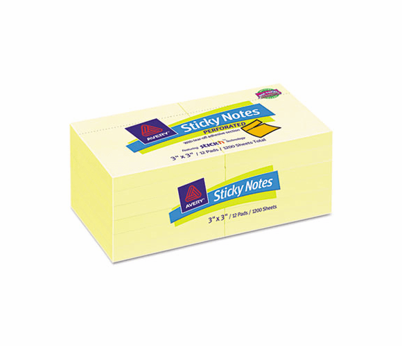 AVE22646 Perforated Sticky Notes, 3 x 3, 90 Sheets, Pastel Yellow, 12/Pack By AVERY-DENNISON