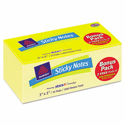 AVE22727 Flat Sticky Notes, 3 x 3, 12 Yellow, 2 Free Yellow See-Through, 100 Sheets Each By AVERY-DENNISON