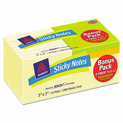 AVE22728 Flat Sticky Notes, 3 x 3, 12 Pastel Yellow, 2 Free Perf. Bright, 100 Sheets Each By AVERY-DENNISON