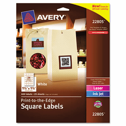 AVE22805 Print-To-The-Edge Matte Square Labels W/ TrueBlock, 1-1/2 x 1-1/2, White 600/Pk By AVERY-DENNISON
