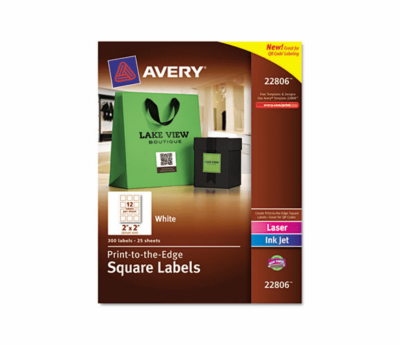 AVE22806 Print-To-The-Edge Perm Adh Matte Square Labels W/ TrueBlock, 2 x 2, White 300/Pk By AVERY-DENNISON