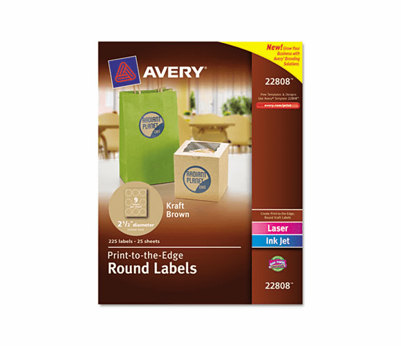 AVE22808 Round Easy Peel Labels, 2-1/2" Dia., Brown Kraft, 225/Pk By AVERY-DENNISON