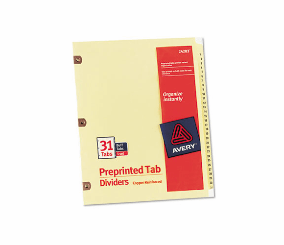 AVE24283 Copper Reinforced Laminated Tab Dividers, 31-Tab, 1-31, Letter, Buff, 31/Set By AVERY-DENNISON
