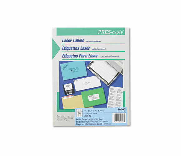 AVE30600 Pres-A-Ply Laser Address Labels, 1 x 2-5/8, White, 3000/Box By AVERY-DENNISON