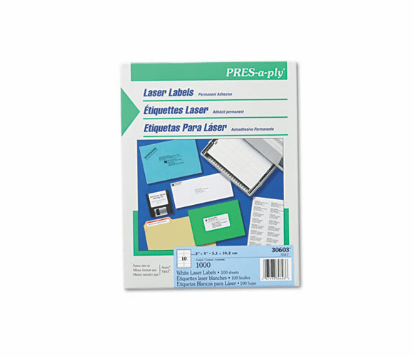 AVE30603 Pres-A-Ply Laser Address Labels, 2 x 4, White, 1000/Box By AVERY-DENNISON