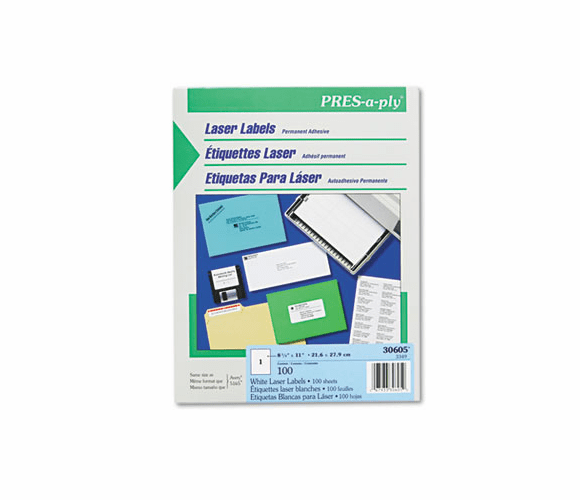 AVE30605 Pres-A-Ply Laser Address Labels, 8-1/2 x 11, White, 100/Box By AVERY-DENNISON