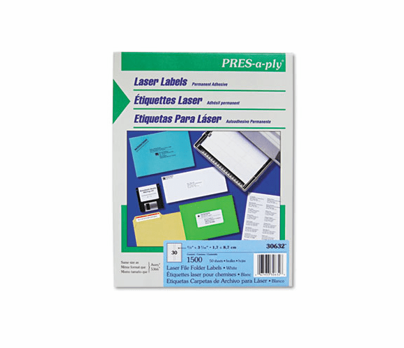 AVE30632 Pres-A-Ply Laser File Folder Labels, 2/3 x 3 7/16, White, 1500/Box By AVERY-DENNISON