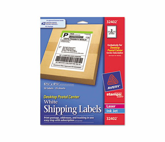 AVE32402 Desktop Postal Center Shipping Labels, 4-1/4 x 6-3/4, White/Green, 50 Labels/Pack By AVERY-DENNISON