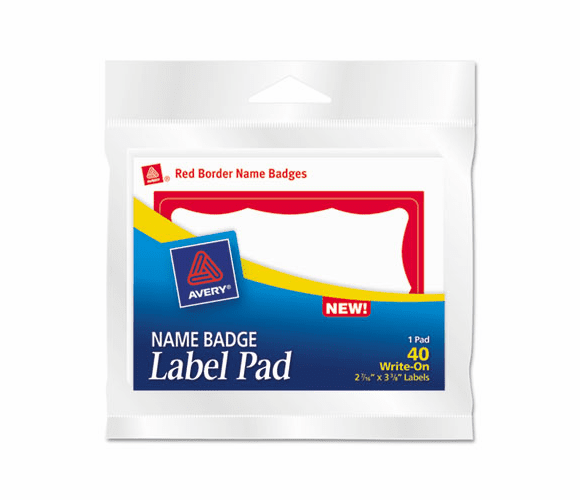 AVE45143 Name Badge Label Pads, 3 x 4, Red/White, 40/Pack By AVERY-DENNISON