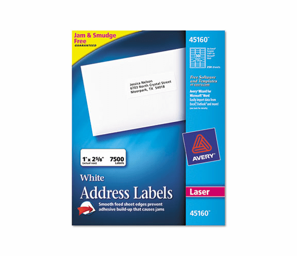 AVE45160 Address Labels, 1 x 2-5/8, White, 7500/Box By AVERY-DENNISON