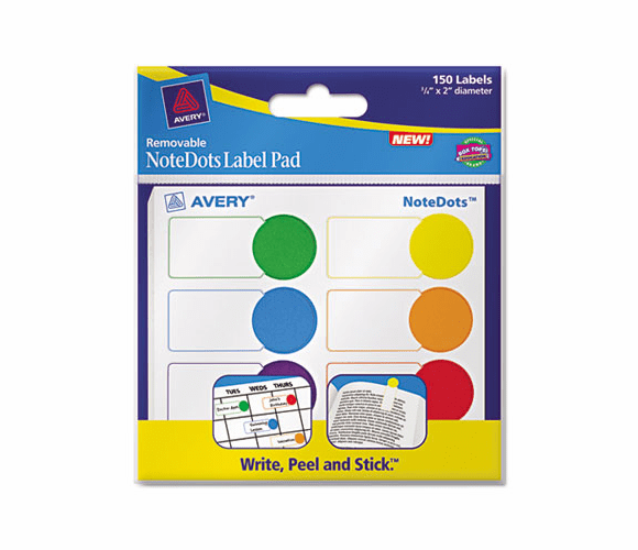 AVE45285 NoteDots Label Pad, x 2 Diameter, Removable Self-Adhesive, Assorted, 150/Pack By AVERY-DENNISON