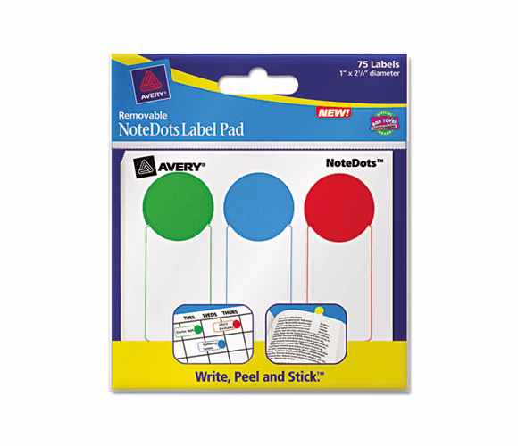 AVE45295 NoteDots Label Pad, 1 x 2-1/2, Removable Self-Adhesive, Assorted, 75/Pack By AVERY-DENNISON