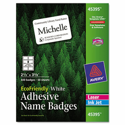 AVE45395 EcoFriendly Name Badge Labels, 2-1/3 x 3-3/8, White, 400/Box By AVERY-DENNISON