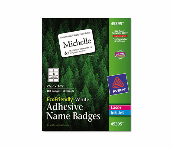 AVE45395 EcoFriendly Name Badge Labels, 2-1/3 x 3-3/8, White, 400/Box By AVERY-DENNISON
