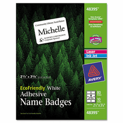 AVE48395 EcoFriendly Name Badge Labels, 2-1/3 x 3-3/8, White, 80/Pack By AVERY-DENNISON