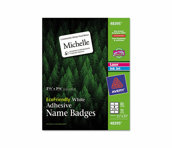 AVE48395 EcoFriendly Name Badge Labels, 2-1/3 x 3-3/8, White, 80/Pack By AVERY-DENNISON