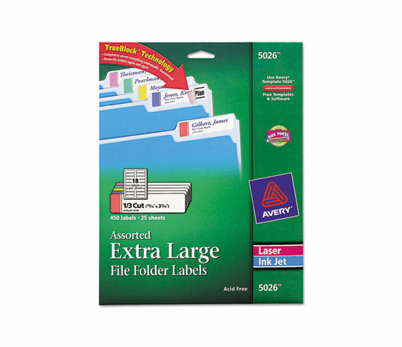 AVE5026 Extra-Large 1/3-Cut Filing Labels, 15/16 x 3-7/16, White/Assorted Bars, 450/Pack By AVERY-DENNISON