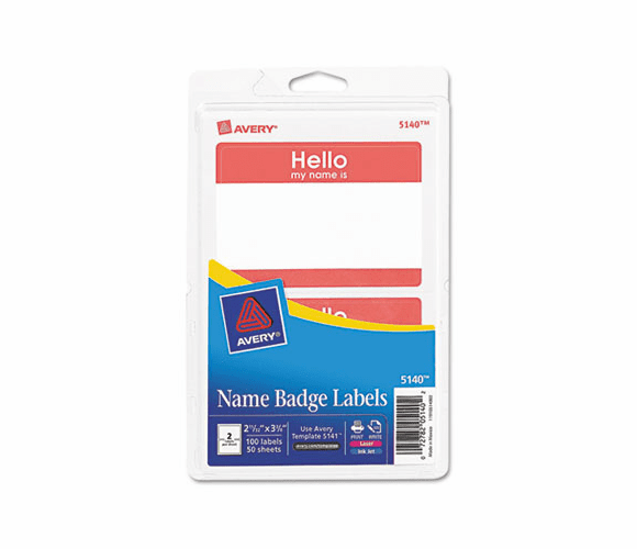 AVE5140 Print/Write Self-Adhesive Name Badges, 2-11/32 x 3-3/8, Red, 100/Pack By AVERY-DENNISON