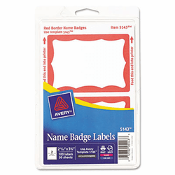 AVE5143 Print/Write Self-Adhesive Name Badges, 2-11/32 x 3-3/8, Red, 100/Pack By AVERY-DENNISON