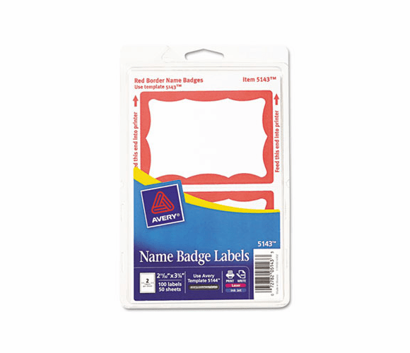 AVE5143 Print/Write Self-Adhesive Name Badges, 2-11/32 x 3-3/8, Red, 100/Pack By AVERY-DENNISON