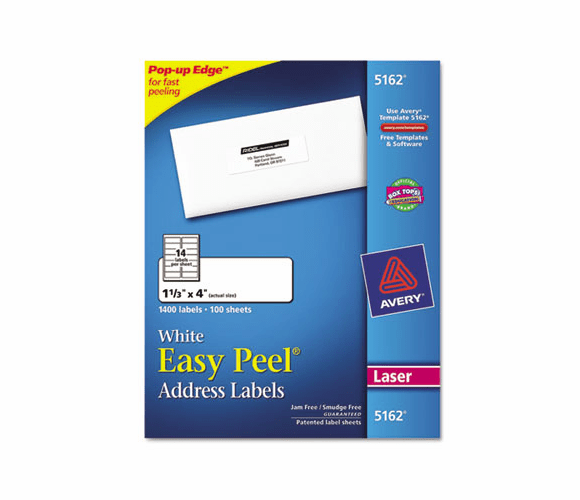 AVE5162 Easy Peel Laser Address Labels, 1-1/3 x 4, White, 1400/Box By AVERY-DENNISON