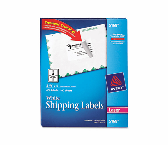 AVE5168 Shipping Labels with TrueBlock Technology, 3-1/2 x 5, White, 400/Box By AVERY-DENNISON