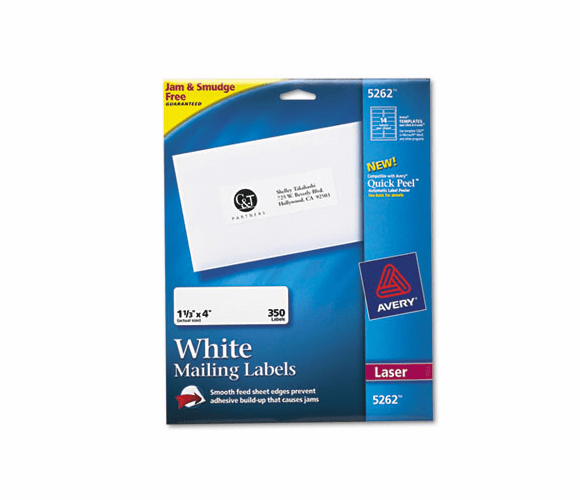 AVE5262 Easy Peel Laser Address Labels, 1-1/3 x 4, White, 350/Pack By AVERY-DENNISON
