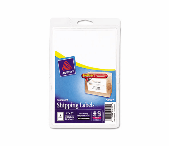 AVE5292 Laser/Inkjet Shipping Labels w/TrueBlock Technology, 4 x 6, White, 20/PK By AVERY-DENNISON